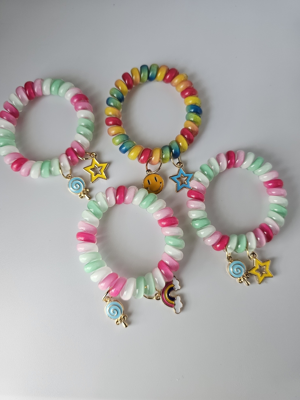 Colorful Kids Beaded Charm Bracelet Set - Pink Mint White & Rainbow